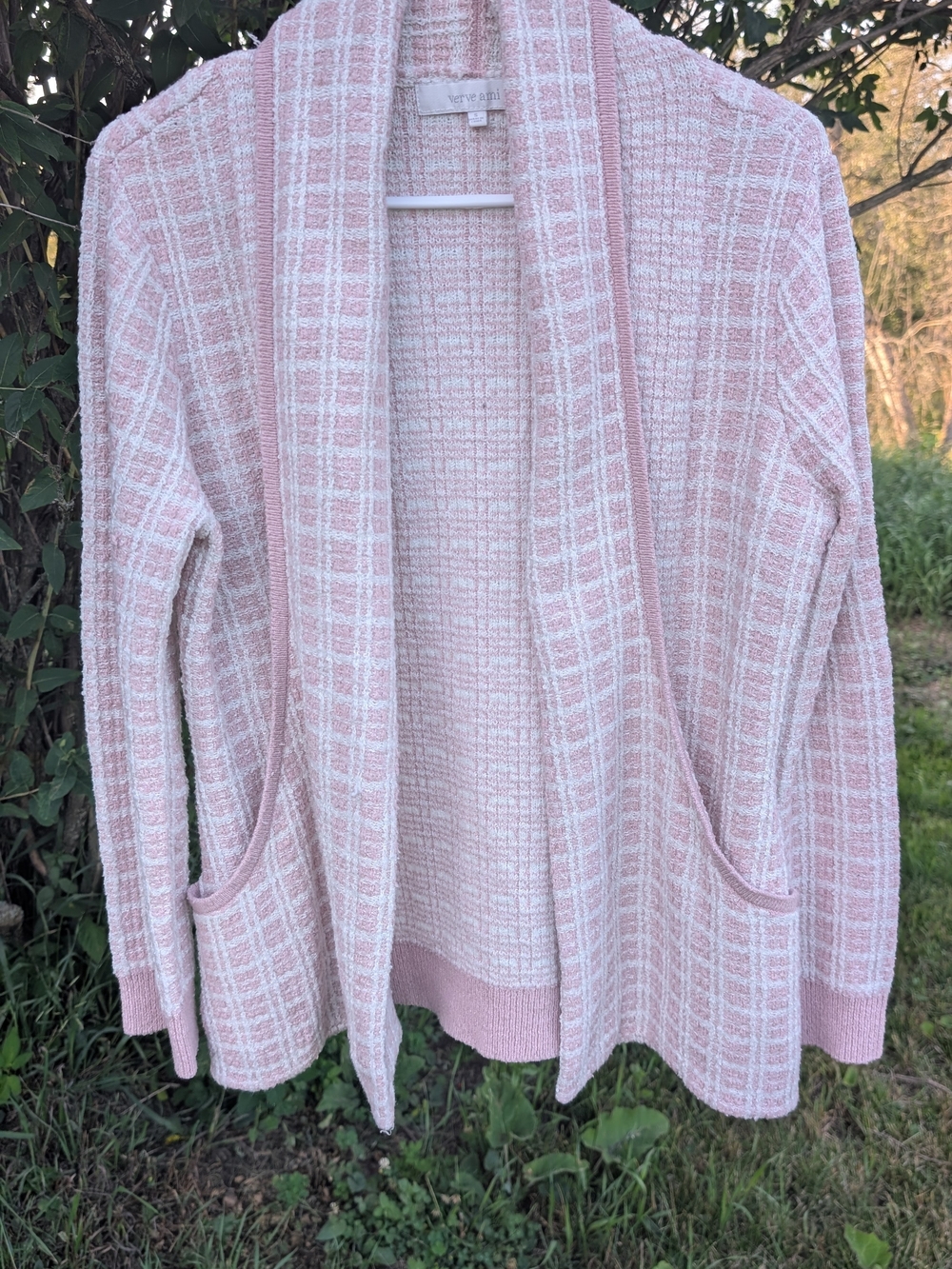 Verve Ami Pink and White Open-Front Knit Cardigan